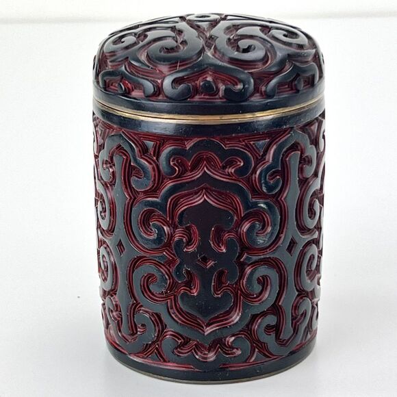 Antique Chinese Hand Carved Cinnabar Canister Jar Box Black and Red Blue Inside - Picture 4 of 14